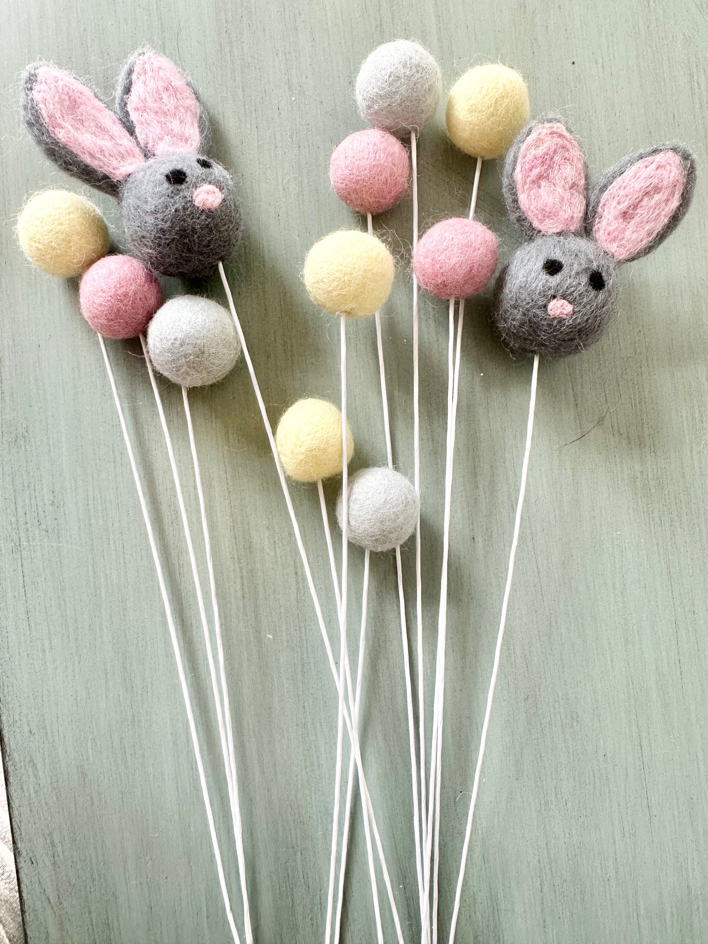 Gray Bunny & Felt Ball Flower Bouquet