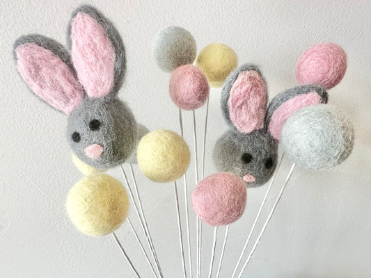 Gray Bunny & Felt Ball Flower Bouquet