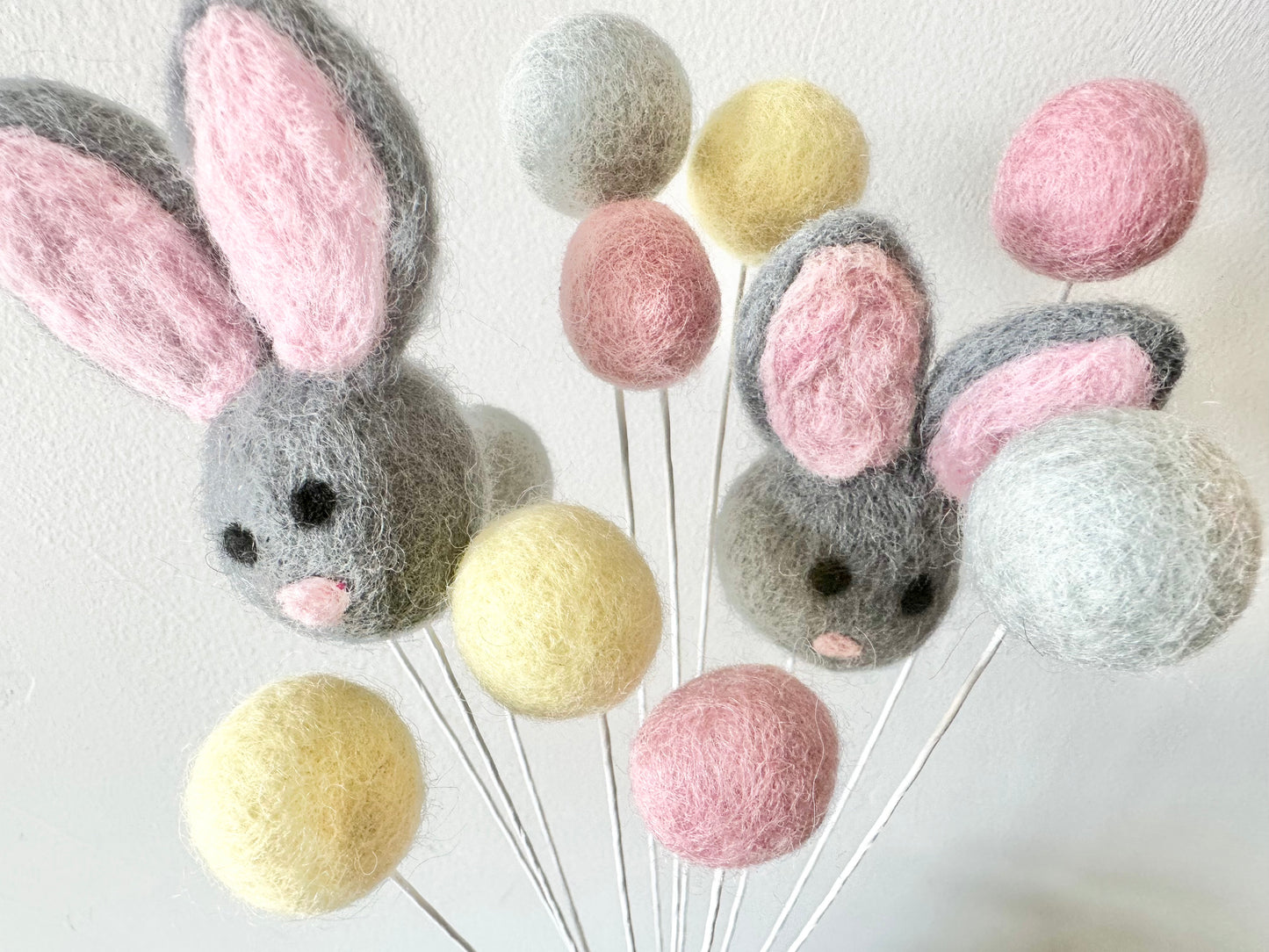 Gray Bunny & Felt Ball Flower Bouquet