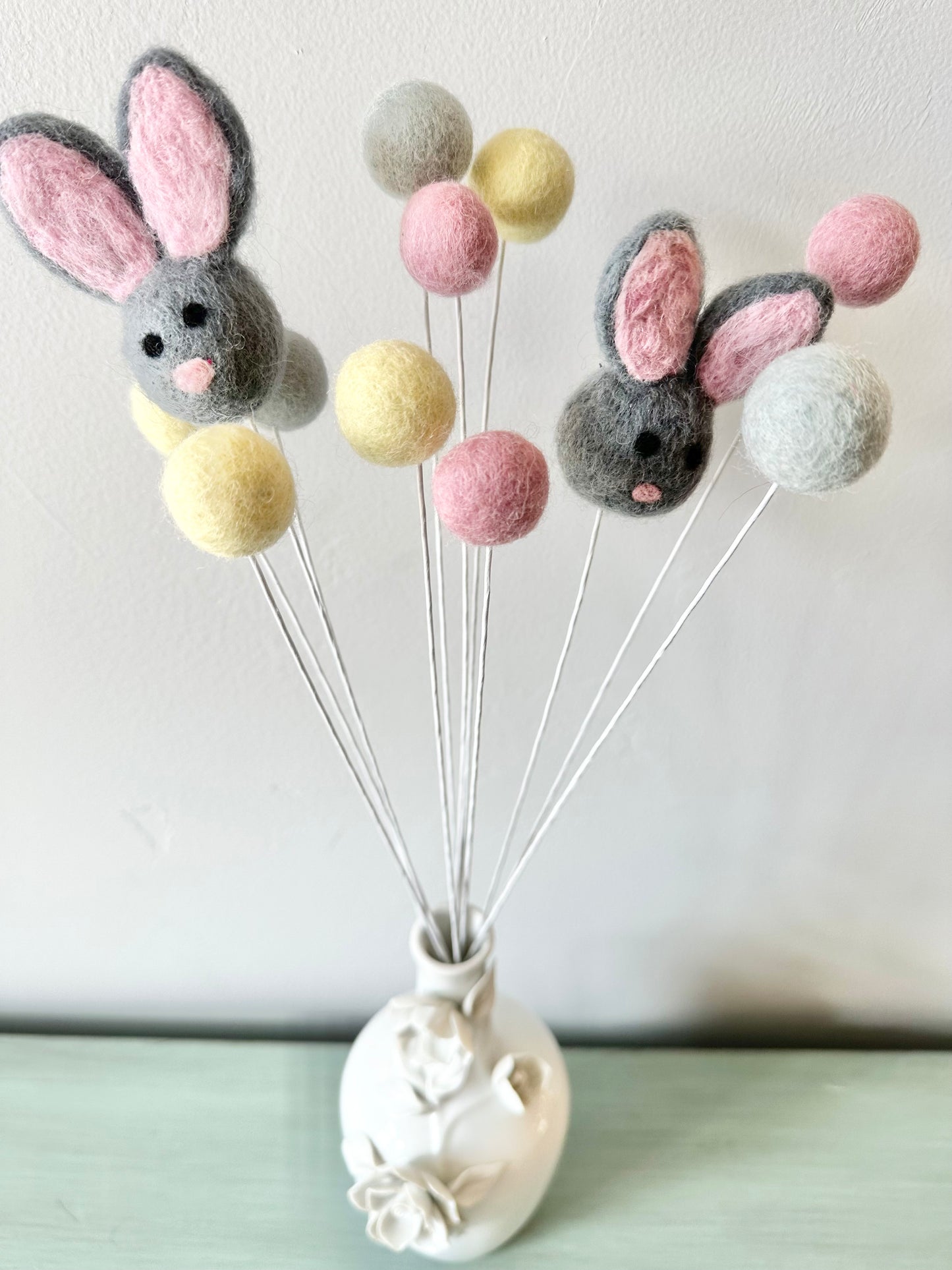 Gray Bunny & Felt Ball Flower Bouquet
