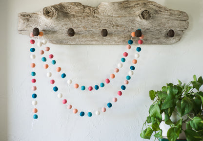 Dark Coral & Blues Felt Ball Garland