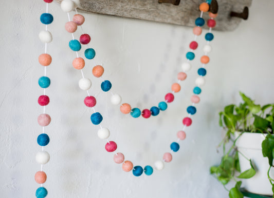 Dark Coral & Blues Felt Ball Garland