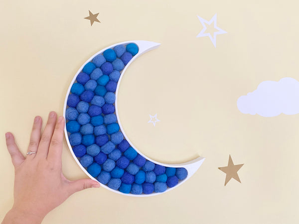 Shades of Blue Felt Ball Crescent Moon – Wool Jamboree