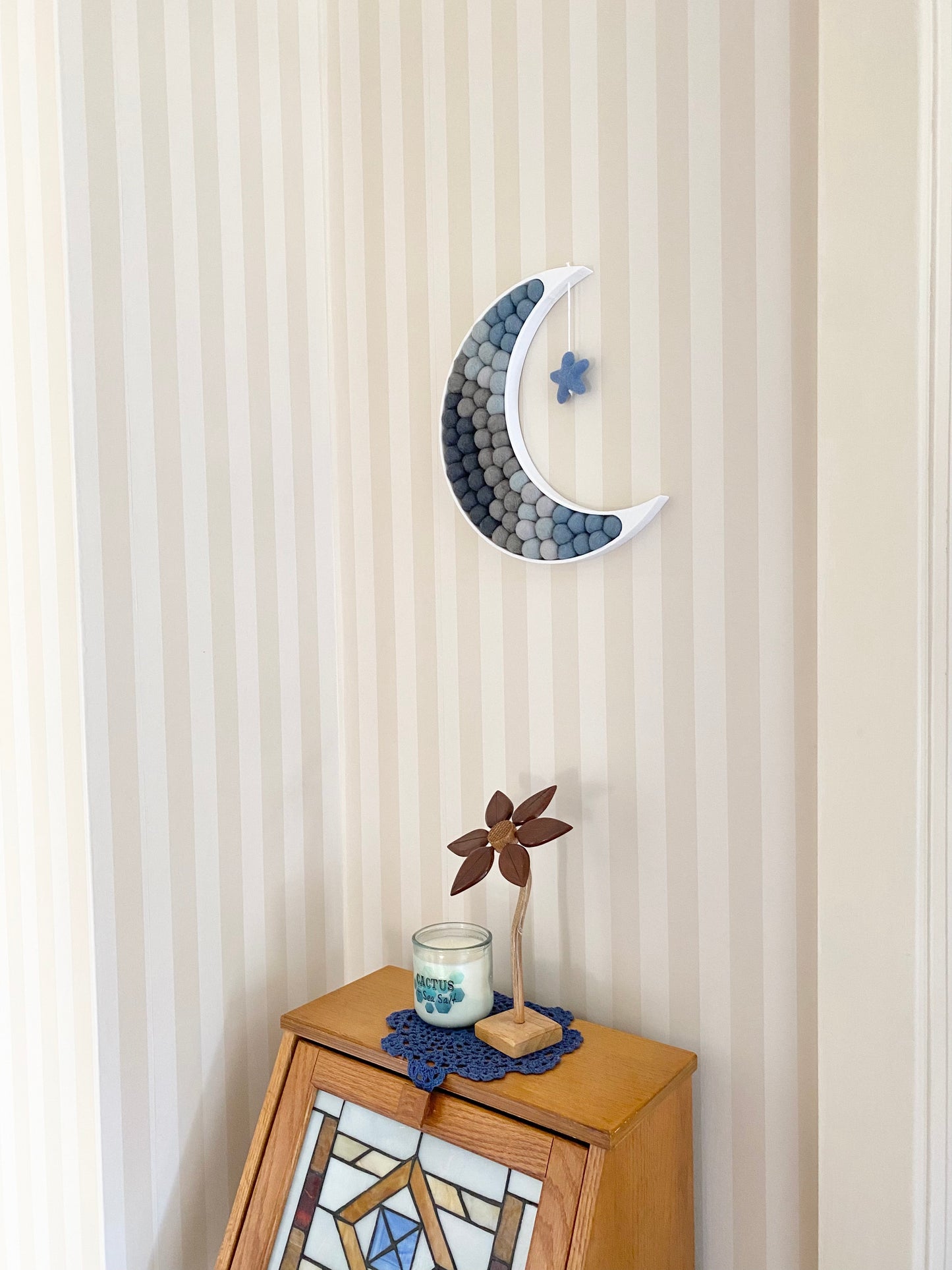 Gray Gradient Felt Ball Crescent Moon with Star