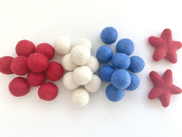 Patriotic 4th of July - 2 cm Felt Pom Pom Balls - Wool Jamboree