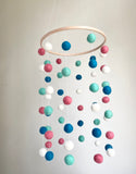 Coral Pink & Blues Felt Ball Ceiling Mobile
