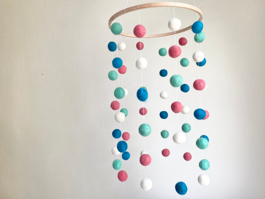 Coral Pink & Blues Felt Ball Ceiling Mobile