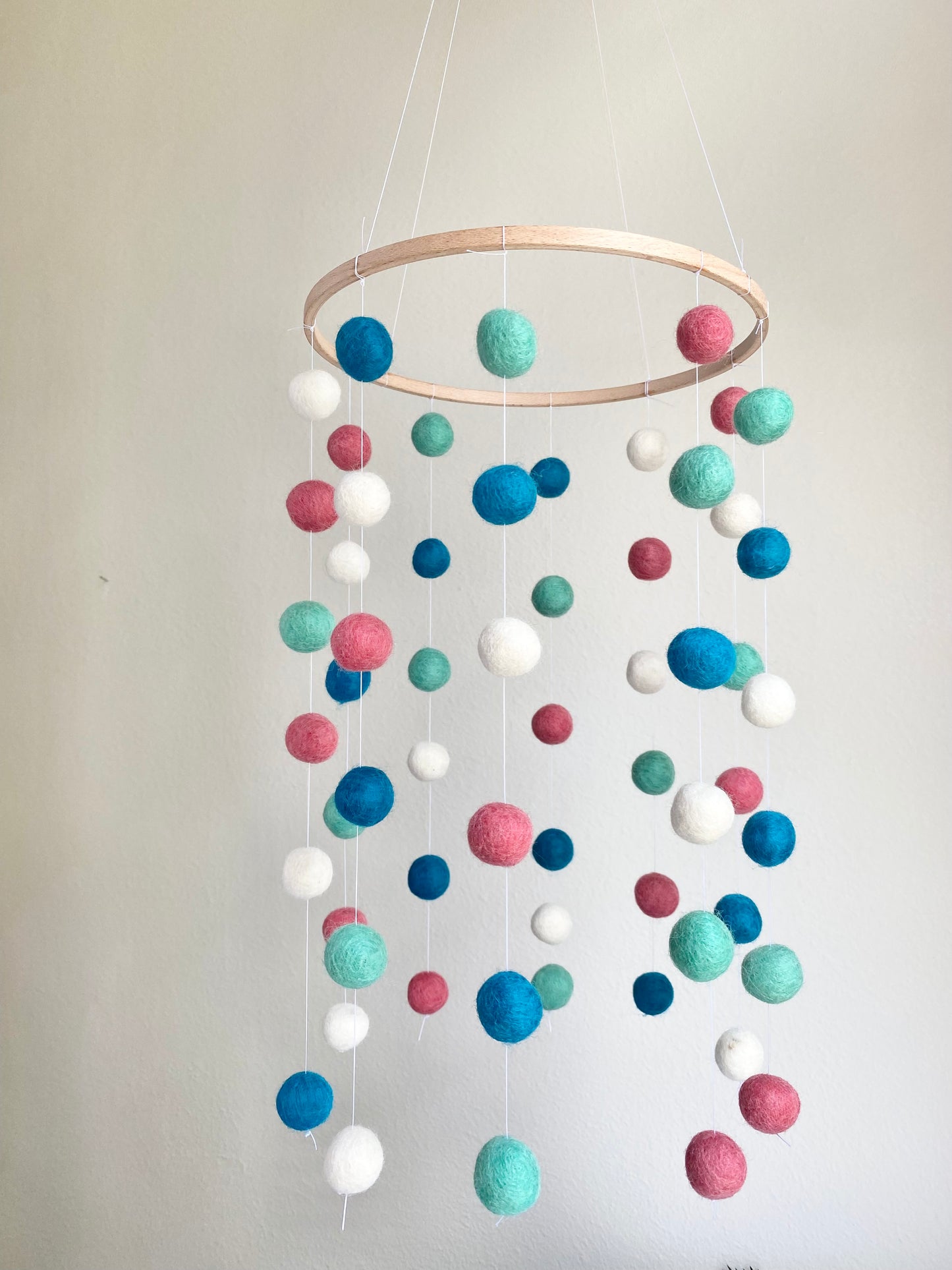 Coral Pink & Blues Felt Ball Ceiling Mobile