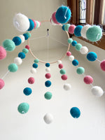 Coral Pink & Blues Felt Ball Ceiling Mobile