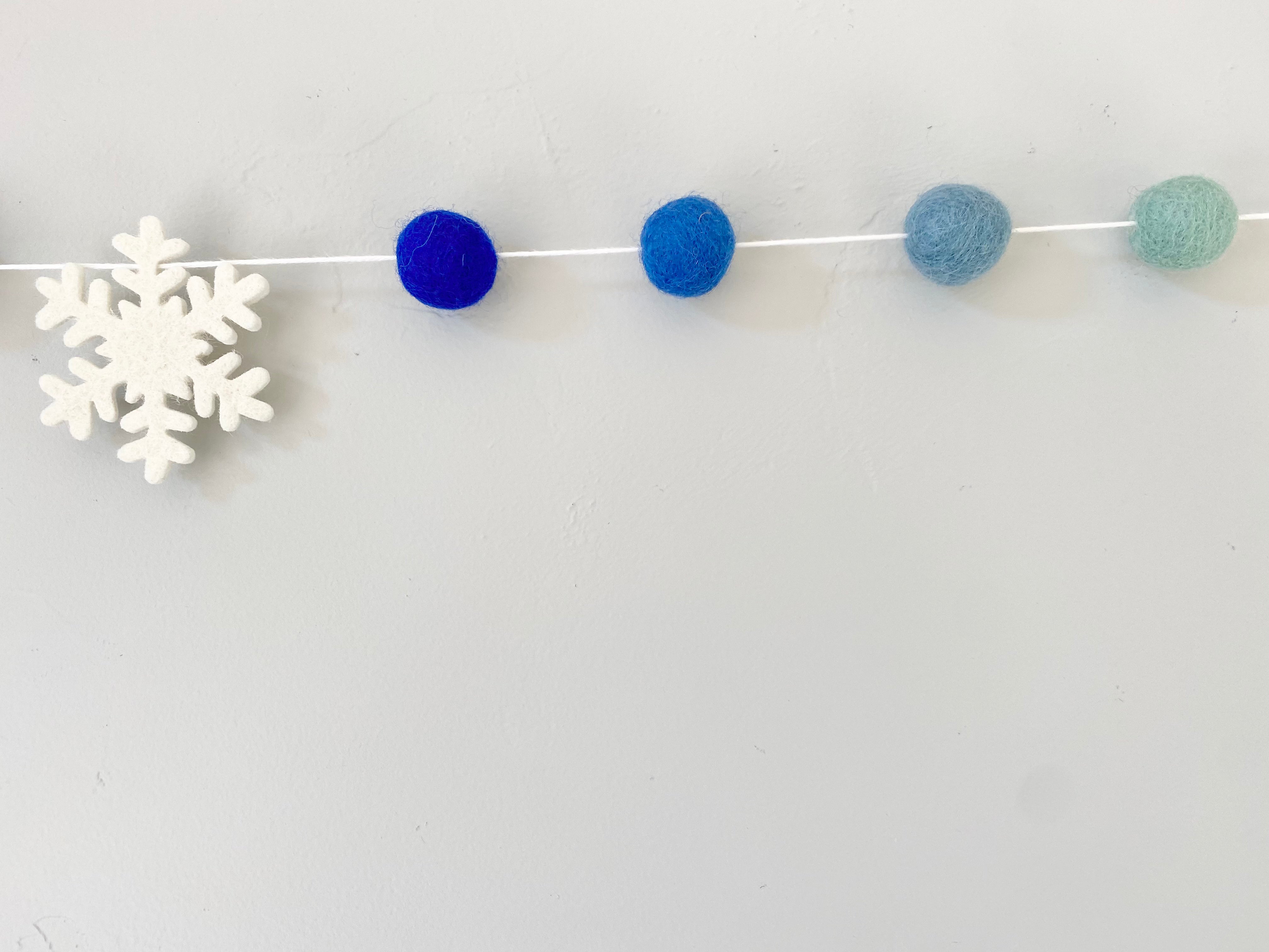 Wool Felt Garland with Snowflakes and Flowers, Light Blue and